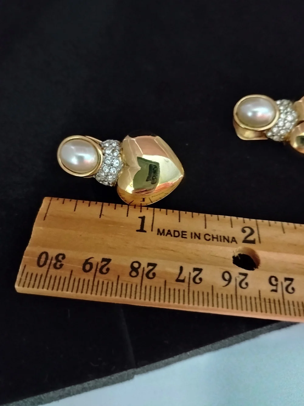 Gold-Tone Heart Drop Earrings Clipon with Pearl and Crystal Accents